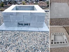 four different views of a fire pit made out of cinder blocks and concrete bricks with holes in the middle