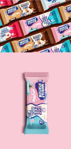 three bars of candy on top of each other in front of a pink background and the bottom