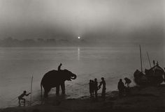 an elephant is standing in the water with people near it and boats on the shore