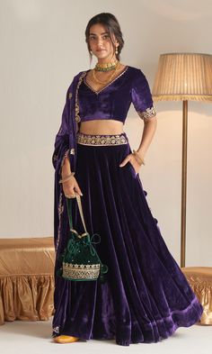 Velvet Blouse And Lehenga, Brinjal Colour Lehenga, Purple Velvet Blouse For Silk Saree, Velvet Ghagra Choli, Lehenga Blouse Designs Velvet, Jewel Tone Lehenga, Velvet Chaniya Choli Designs, Velvet Blouse For Lehenga, Velvet Blouse Designs Indian Lehenga Choli