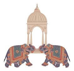 two elephants with designs on their backs are standing in front of a gazebo and building