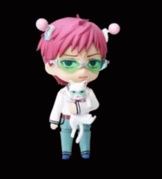 an anime character with pink hair and glasses holding a cat