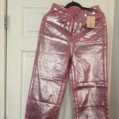 Pink Metallic Pants No Stretch Size 29 New Never Worn Slim Fit Straight Leg Pink Metallic Pants, Metallic Pants, Navy Outfit, Pink Metallic, Pants Color, Pant Jumpsuit, Pink Ladies, Straight Leg, Pants For Women