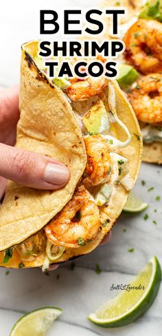 the best shrimp tacos with limes and cilantro are on display in this image