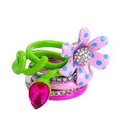 Details Unique Stackable Ring Set Featuring Two Vibrant Green Stem Band Rings With Pink Polka Dot Flower And Fuchsia Stone, Two Skinny Band Rings Adorned With Delicate Pave And Two Colorful Pink Resin Band Rings. This Whimsical Set Includes 6 Separate Rings To Mix And Match In Size 7.5, Set In Polished Silver-Tone Metal. Comes Brand New In Original Packaging. Retails For $48 Funky Rings, Stackable Ring Sets, Pink Jewelry, Betsey Johnson Jewelry, Stackable Ring, Pink Polka Dots, Dream Jewelry, Girls Jewelry, Animal Jewelry