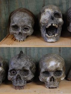 there are several skulls on the shelves with their mouths open and eyes closed, all in different stages of decay