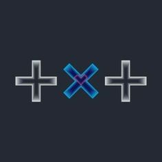 two crosses are shown in blue and white on a black background with the word x above them