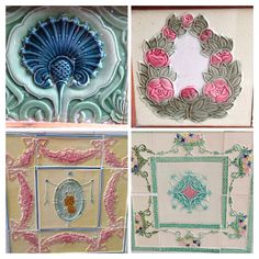 four different pictures of decorative tiles with flowers and leaves on them, all in pastel colors