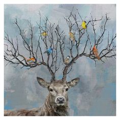 a painting of a deer with birds perched on it's antlers and branches