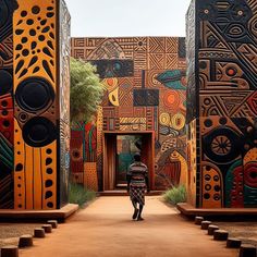 a person walking down a pathway in front of colorfully painted walls and pillars,