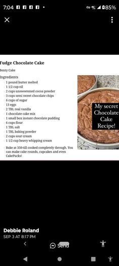 the recipe for chocolate cake is displayed on an iphone screen, and it appears to be made from scratch