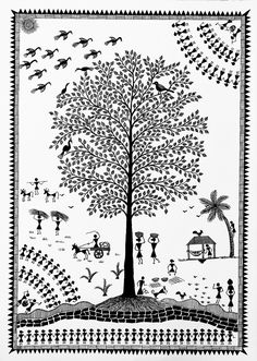 a tree with people and birds around it