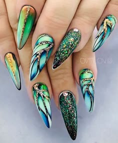 intricate-green-gold-blue-orange-manicure-pink-nail-designs-crystals-drawings-long-stiletto-nails Unghie Sfumate, Winter Nails Acrylic, Coffin Nails Designs, Beautiful Nail Art, Fancy Nails, Creative Nails, Dope Nails, Nail It, Gorgeous Nails