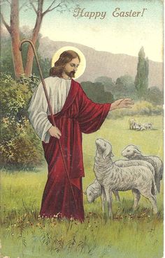 an easter card with the image of jesus and sheep