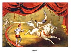 a painting of a man riding on the back of a white horse next to a red curtain