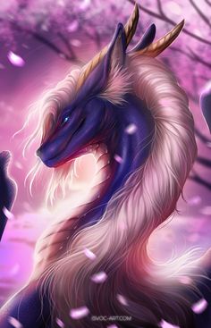 a purple and white dragon with long hair