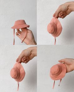 four pictures of a person holding a pink hat and pulling it up to the side