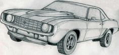 a pencil drawing of a muscle car