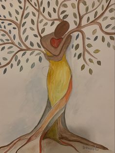 a painting of a woman hugging a tree with leaves on it's branches,