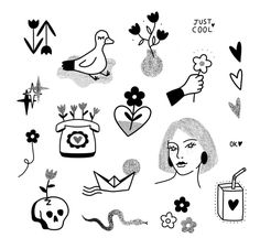 some black and white drawings with flowers, hearts, birds and other things on them