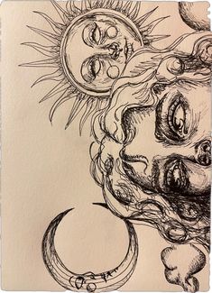 a drawing of a woman's face with sun and moon above her head in black ink