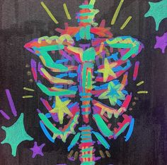 a colorful drawing of a human skeleton surrounded by stars