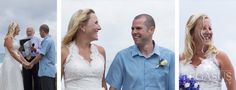 three different pictures of a man and woman standing next to each other in front of the ocean