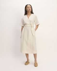 The Linen Short-Sleeve Wrap Dress Spring Beige Belted Dress With Tie Waist, Summer Daywear Belted Dress With Short Sleeves, Daywear Midi Linen Dress With Tie Waist, Summer Linen Belted Dress For Work, White Belted Summer Dress, Linen Midi Dress With Tie Waist For Daywear, Elegant Short Sleeve Linen Dress With Belt, Chic Tie Waist Wrap Dress With Short Sleeves, Beige Short Sleeve Dress With Tie Waist