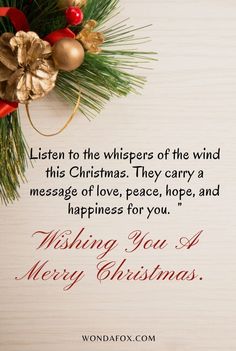 a christmas card with a pine branch and decorations on the top, says listen to the whispers of the wind this christmas they carry a message of love, peace, hope,