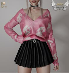 a woman with white hair wearing a pink sweater and black leather miniskirt is standing in front of a gray background