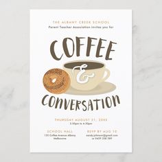 coffee and conversation party card with donut on the table next to cup of coffee