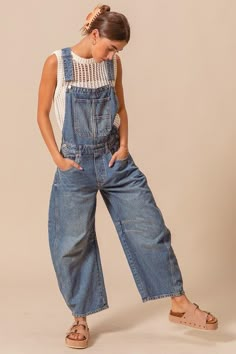 Washed Denim Slochy Pants Overalls Jumpsuit 100% Cotton Barrel Leg Overalls Outfit, Wide Leg Cotton Overalls For Fall, Cotton Wide Leg Overalls For Fall, Medium Wash Relaxed Fit Bib Front Jeans, Dark Wash Wide Leg Overalls With Pockets, High Rise Medium Wash Jumpsuits And Rompers With Pockets, Wide Leg Dark Wash Overalls With Pockets, Utility High Rise Denim Jumpsuits And Rompers, Utility High-rise Denim Jumpsuits And Rompers