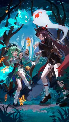 two anime characters standing in the woods