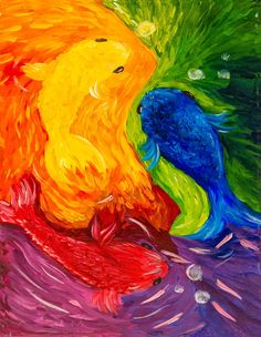 an acrylic painting of two colorful birds