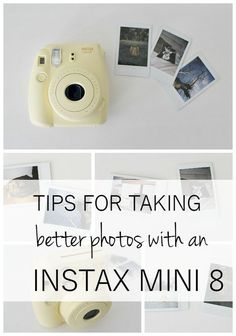 an instax mini 8 camera sitting on top of a table next to photos