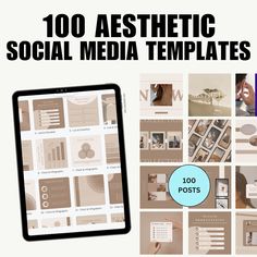 a tablet with the words 100 aesthetic social media templates on it next to photos