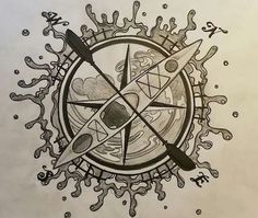 a pen and ink drawing of a compass in the center of a circle with other symbols around it