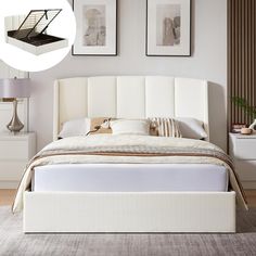 a white bed sitting in a bedroom next to two pictures