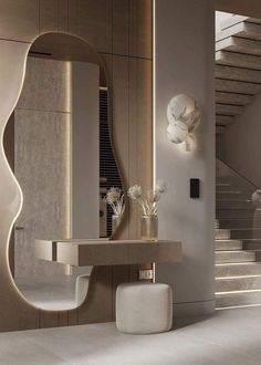 a bathroom with a sink, mirror and stairs in the wall next to each other