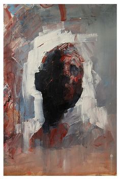 an abstract painting of a man's head in red, white and black colors