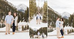 an engaged couple standing in the snow with their arms around each other and holding hands