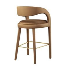 an upholstered bar stool with a wooden seat and backrest, viewed from the front