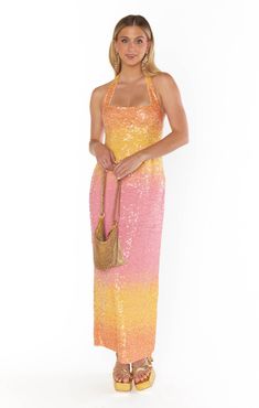 Check out Samba Midi Dress ~ Sundown Ombre Sequins. Get $10 off + free shipping with Club Mumu. Thanks Universe, Rainbow Prom Dress, Rainbow Cocktail, Island Chic, Embelished Dress, Sunset Dress, Sunset Party, Funky Wedding, Sequin Halter Dress