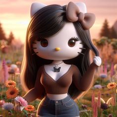 a cute kitty doll standing in the middle of a field with flowers and daisies