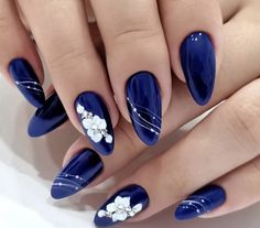 Fancy Blue Nail Designs, Elegant Blue Nail Designs, Blue Gold Nail Art, Blue Nail Art Short Nails, Purple Nails Designs Spring, Blue Elegant Nails, Navy Nail Designs, Blue Floral Nails, Blue Nail Art Designs