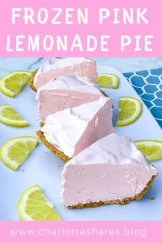 frozen pink lemonade pie on a plate with lime slices