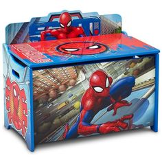 a toy chest with a spiderman design on the front and sides, in blue