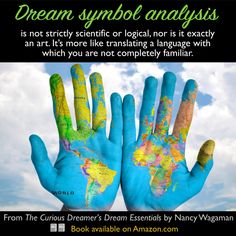 two hands painted in blue and green with the words dream symbol on them, against a cloudy sky