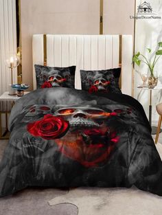 a bed with a skull and red rose on it