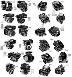 an illustrated diagram of various types of engines and parts that are labeled in the text below